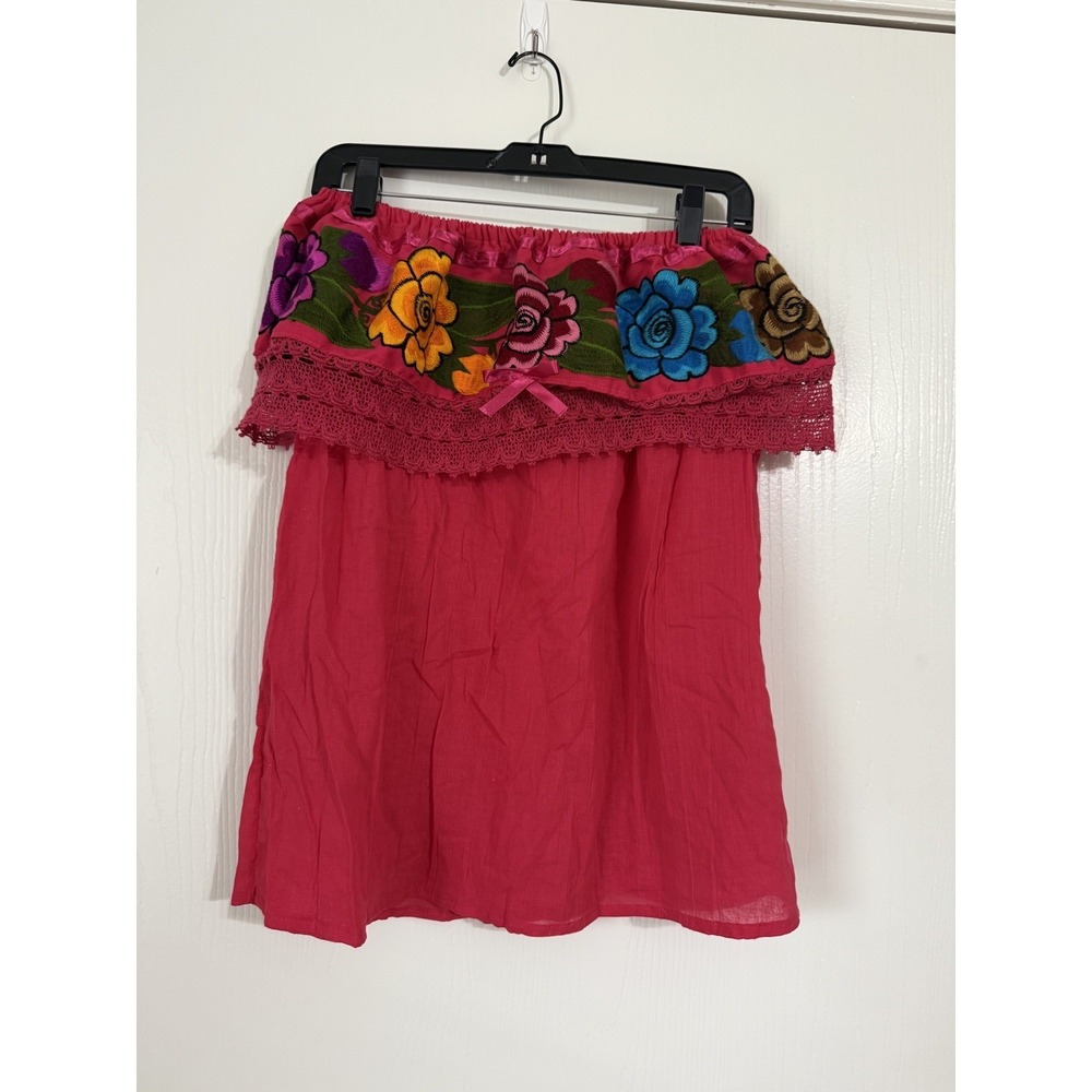 Authentic Mexican Off The Shoulder Floral Embroidered Top Size Small Hot Pink